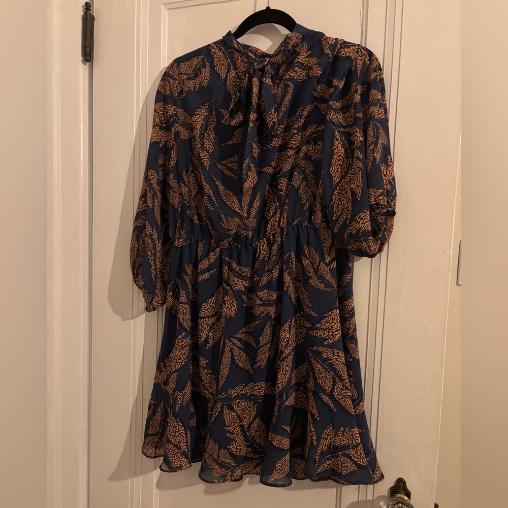 THML Navy and Orange Leaf Print Dress